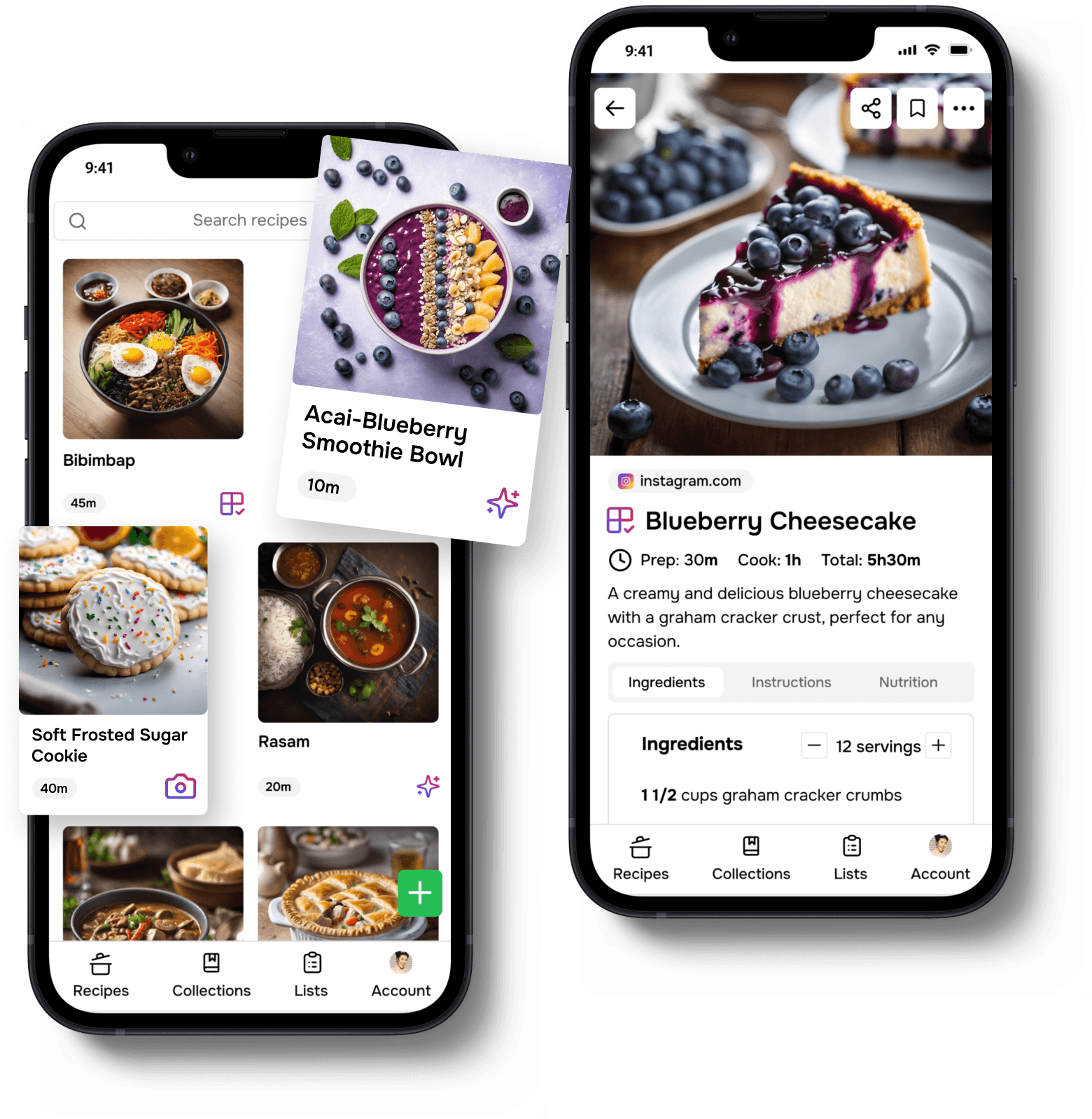 The Flavorish app on two different screen displaying a list of recipes on the first screen and a single recipe on the other screen. Also shows the Instagram, TikTok and YouTube logos.