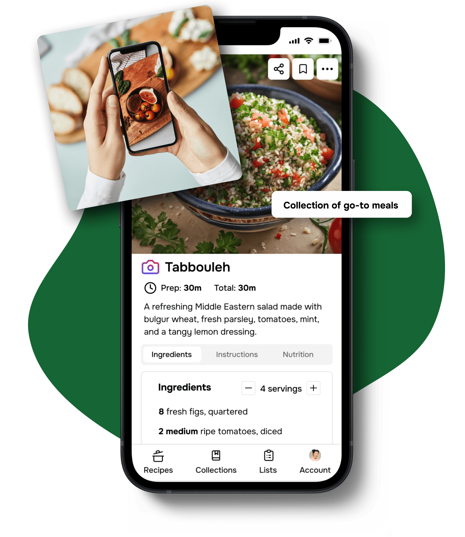 The Flavorish app showing a recipe created from an image upload. Collection of go-to meals.