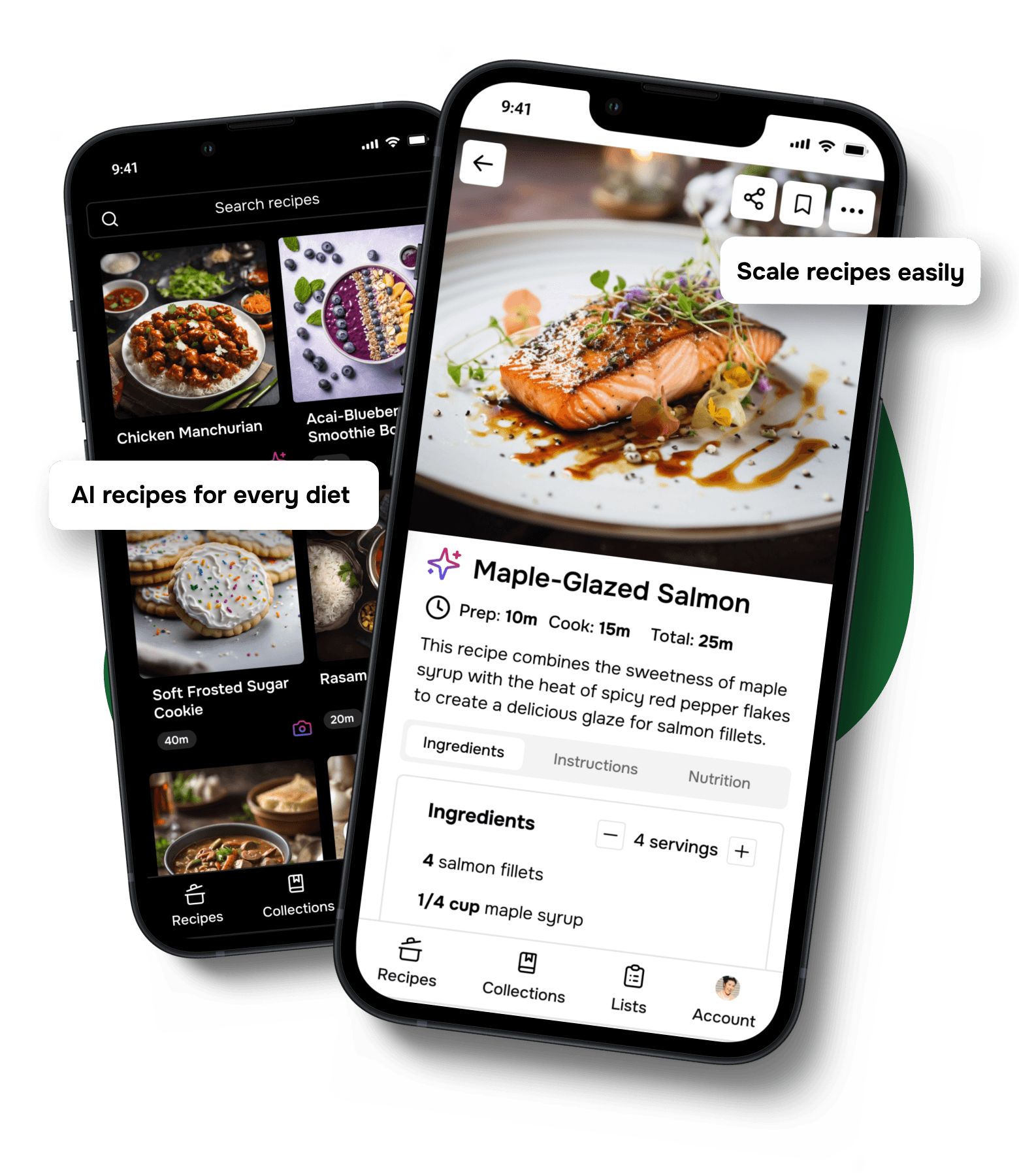 The Flavorish app on two devices, in light and dark mode, displaying different recipes. AI recipes for every diet. Scale recipes easily.