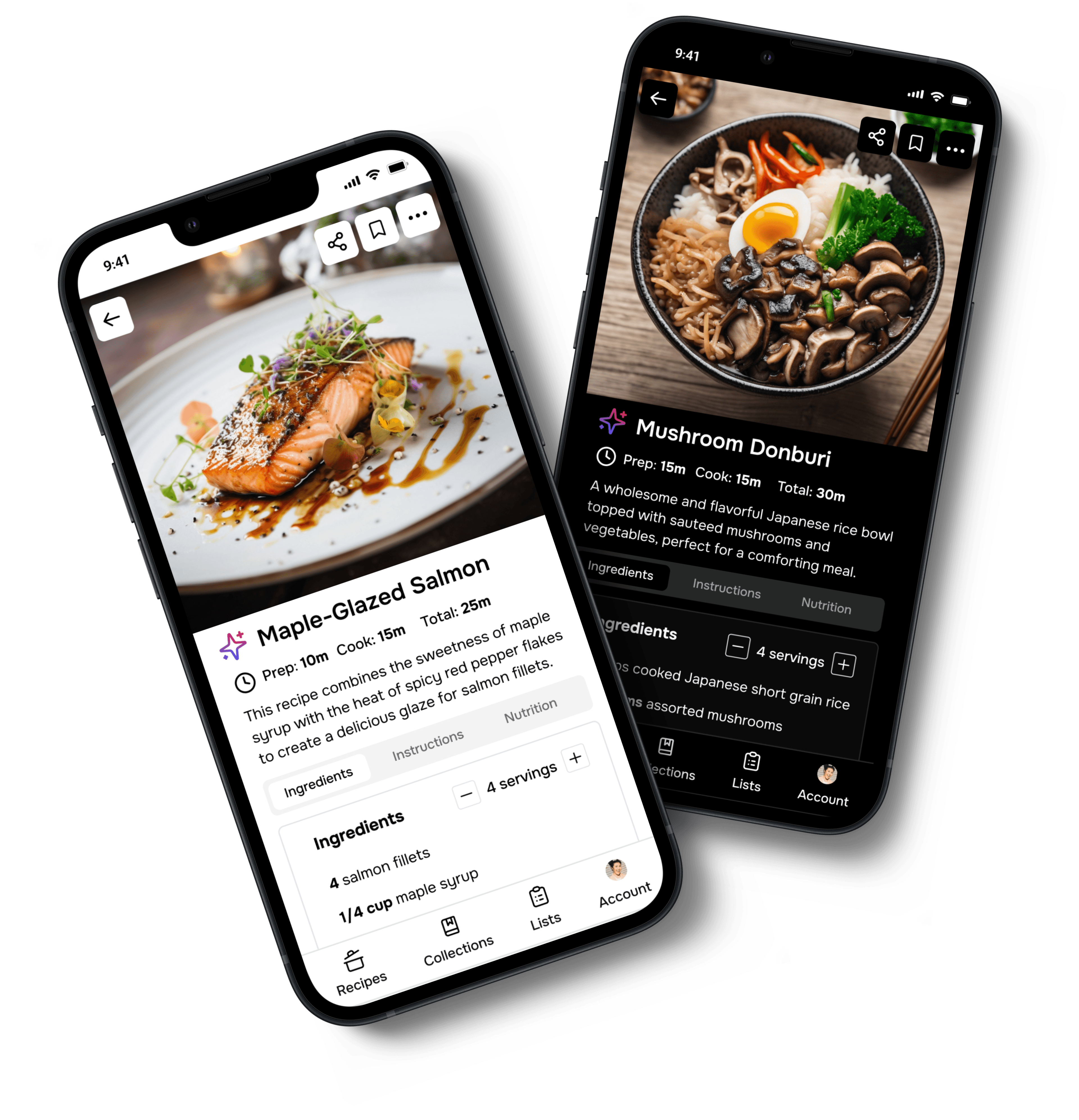 Two phones, each showing a recipe on the Flavorish app.