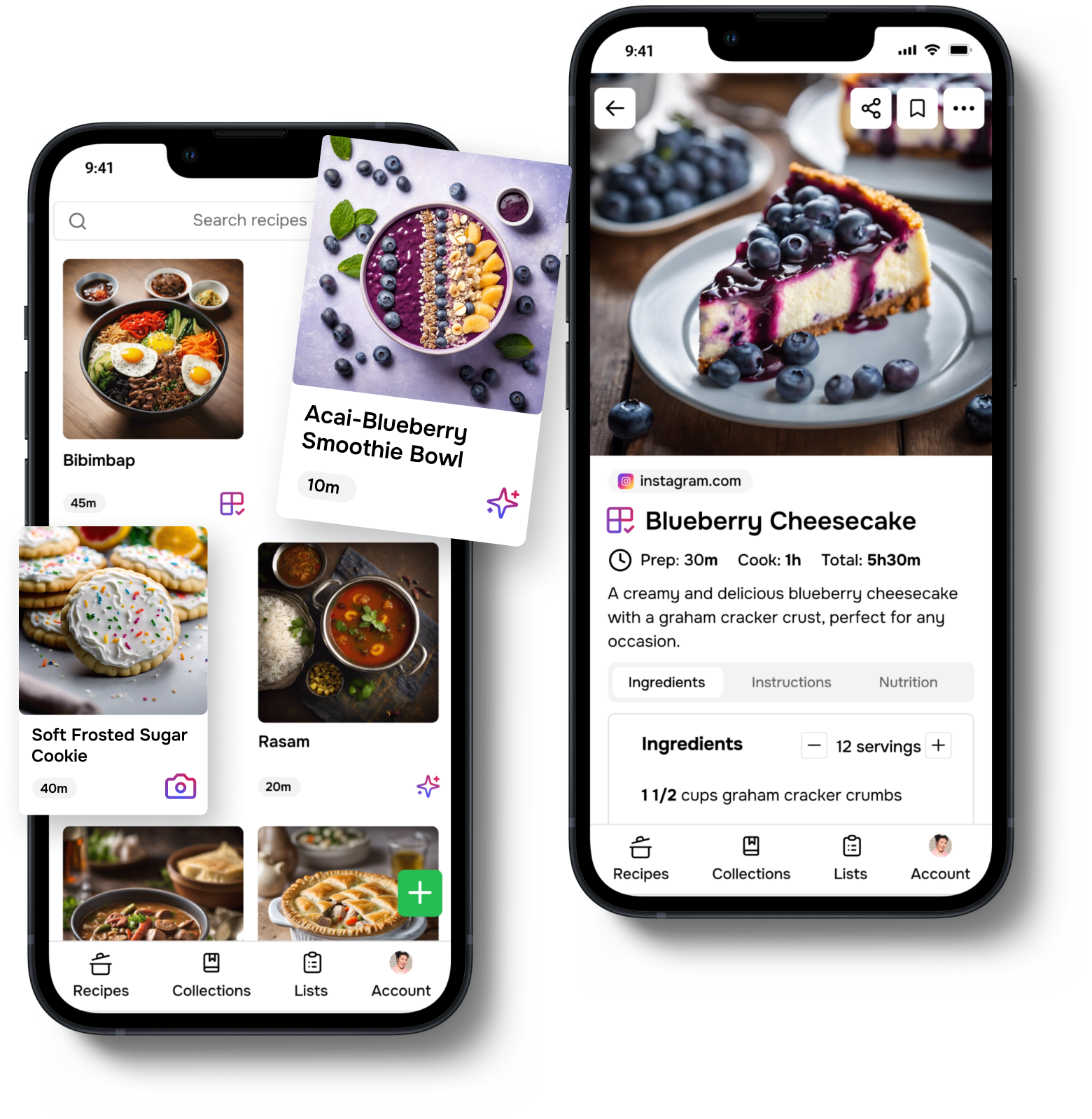 The Flavorish app on two different screen displaying a list of recipes on the first screen and a single recipe on the other screen. Also shows the Instagram, TikTok and YouTube logos.